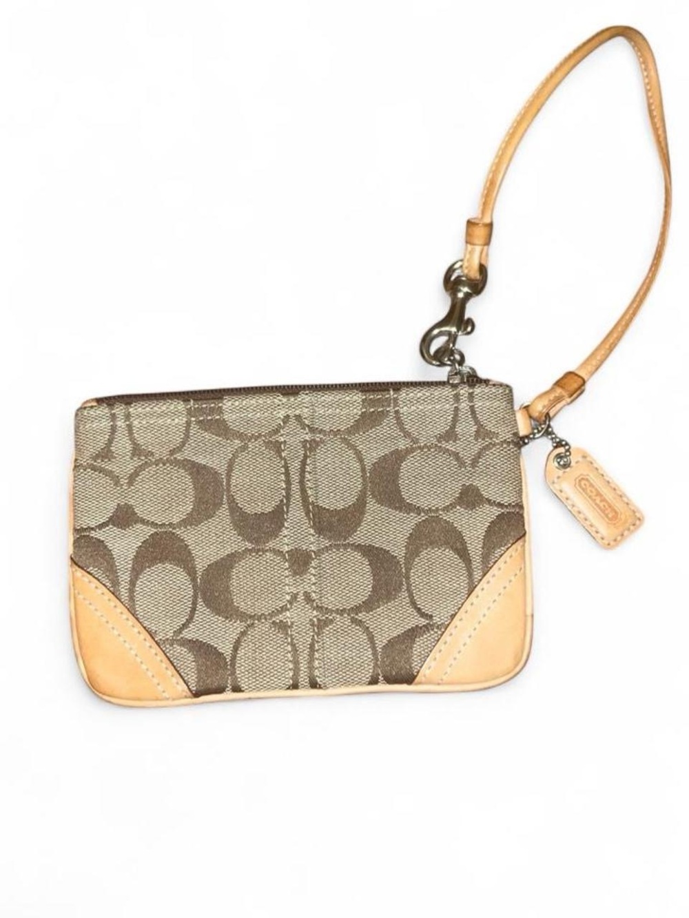 Coach Signature Canvas Khaki Brown Wristlet Pouch Tan Leather Trim Zip Top